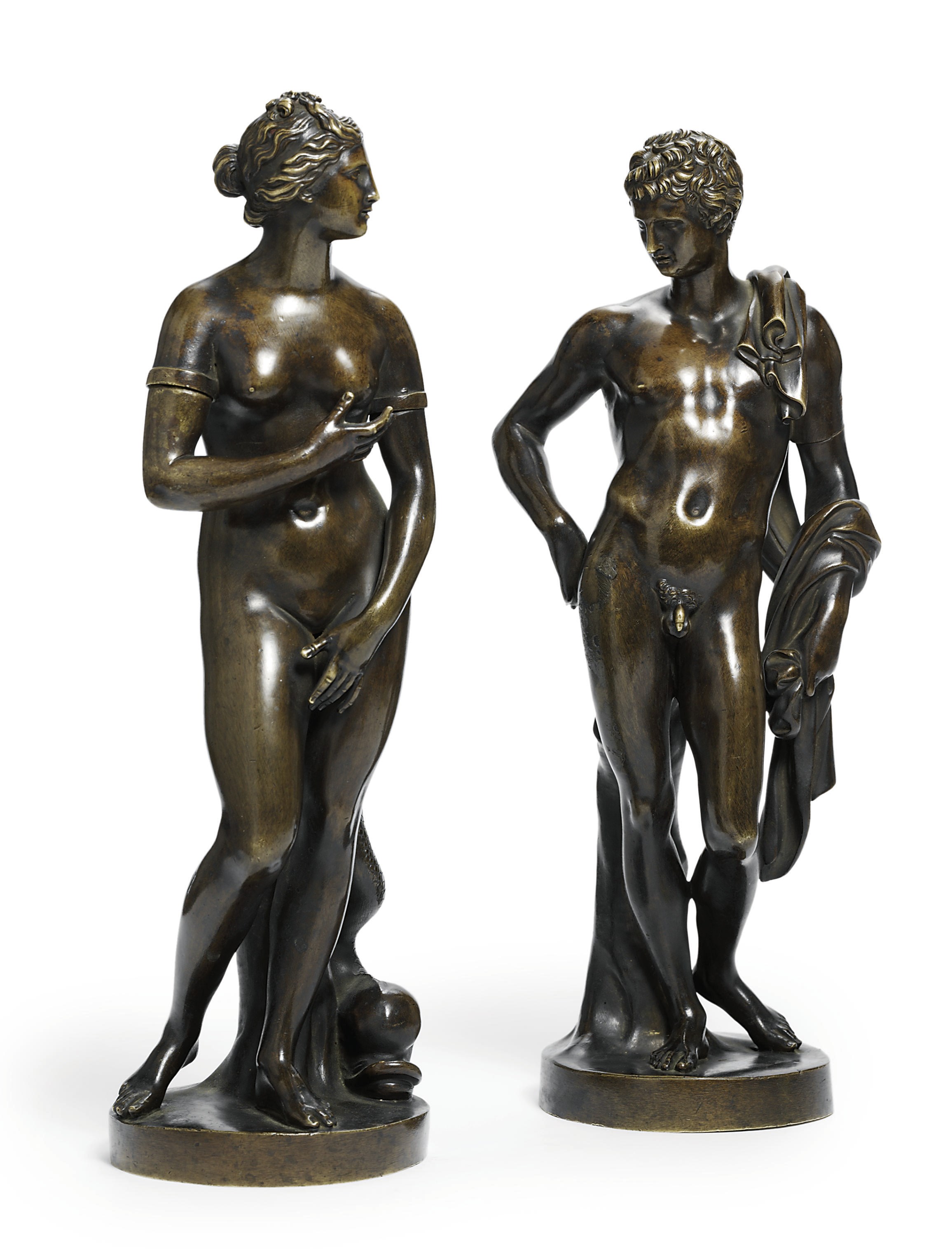 A PAIR OF BRONZE FIGURES OF THE VENUS DE' MEDICI AND THE BELVEDERE ANTINOUS