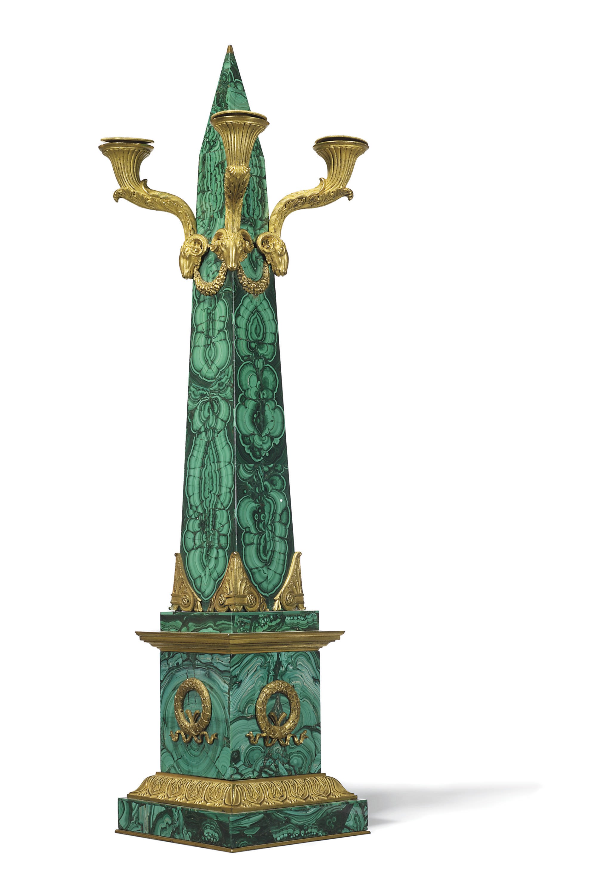 A CHARLES X ORMOLU-MOUNTED MALACHITE FOUR-LIGHT CANDELABRUM