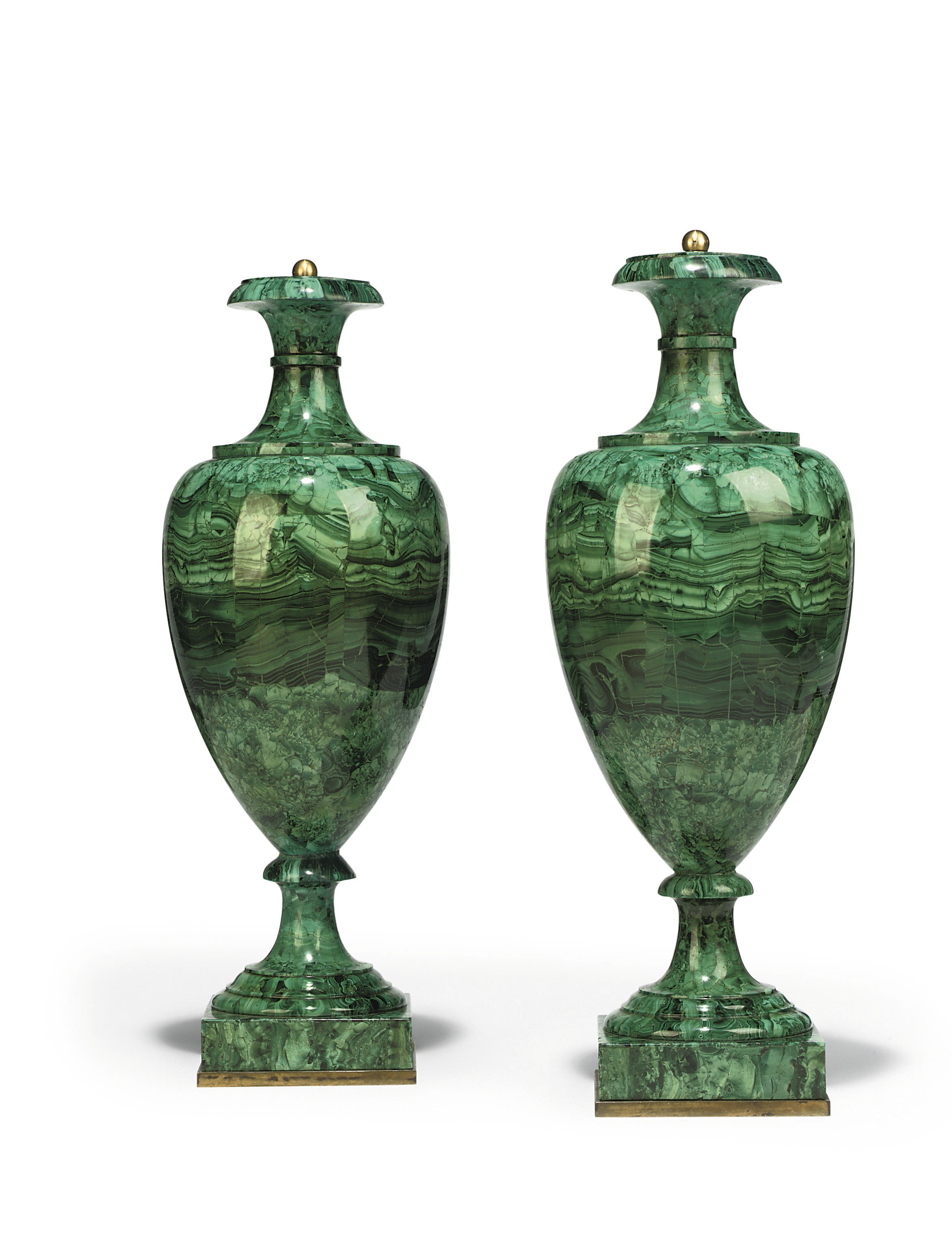 A PAIR OF RUSSIAN MALACHITE-VENEERED VASES