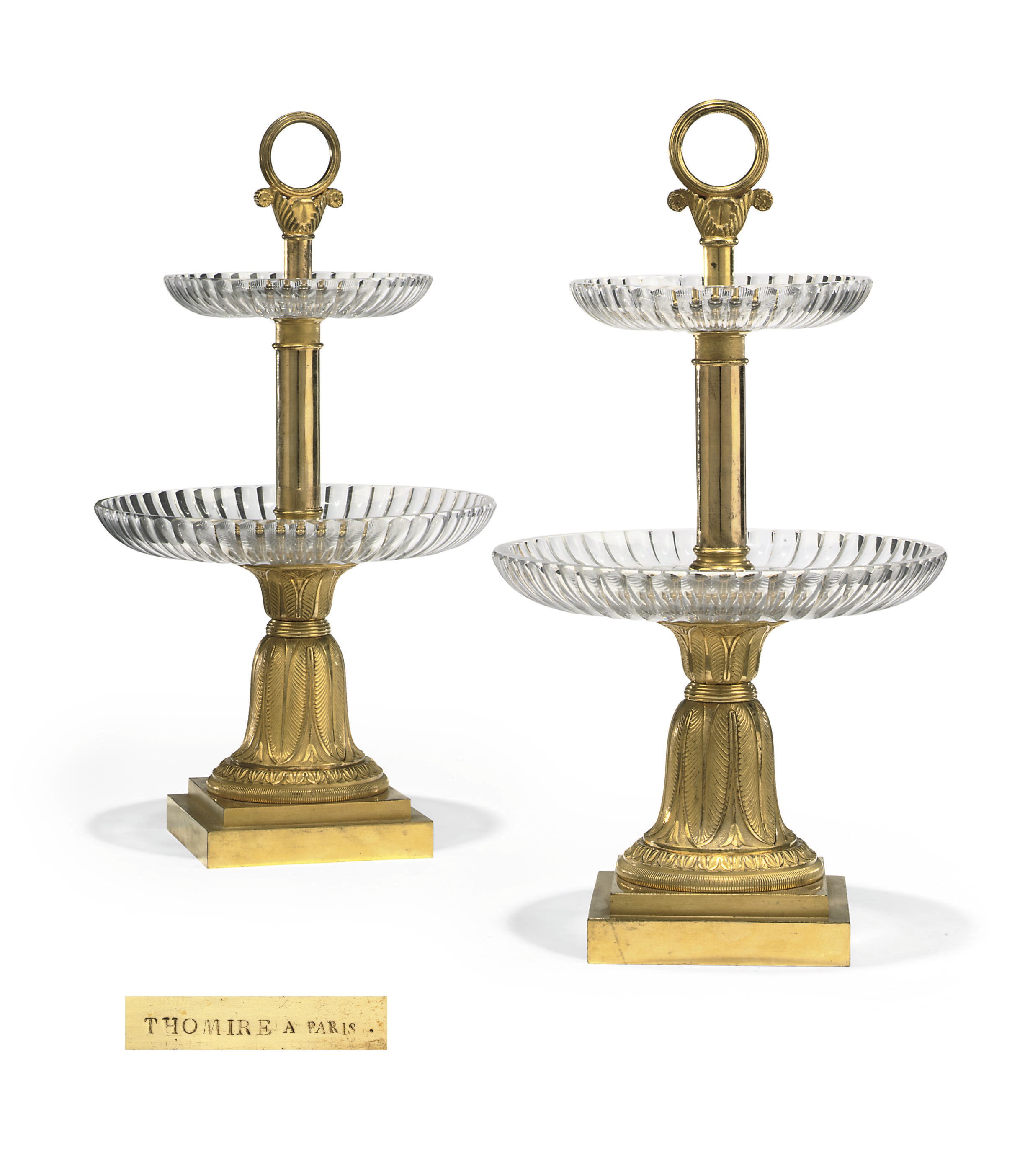 A PAIR OF EMPIRE ORMOLU AND CUT-GLASS TWO-TIER ETAGERES