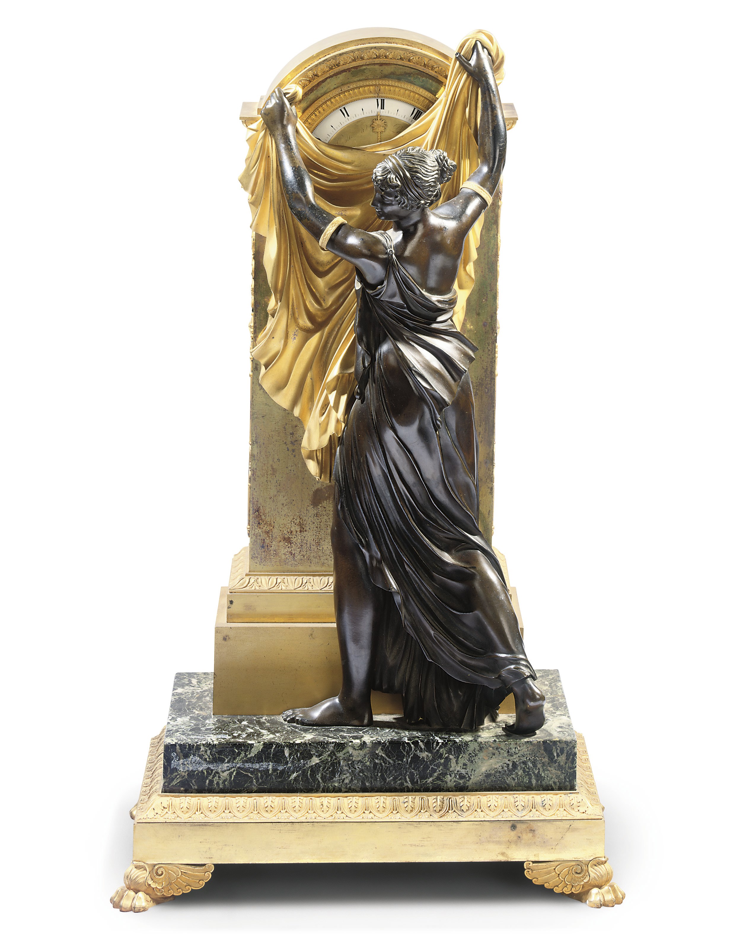 AN EMPIRE ORMOLU, PATINATED BRONZE AND VERDE ANTICO MARBLE MANTEL CLOCK
