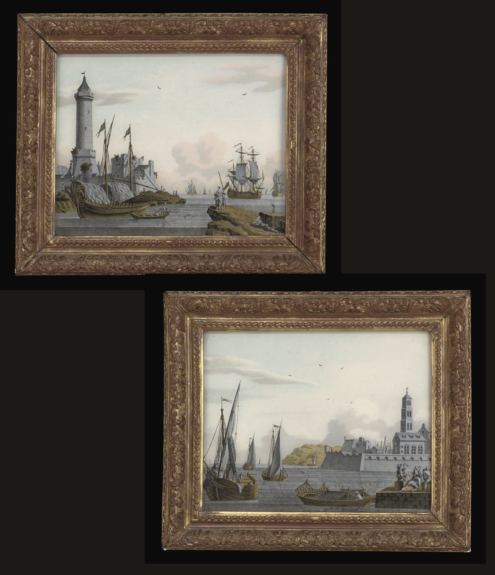 A PAIR OF DUTCH VERRE EGLOMISE HARBOUR SCENES
