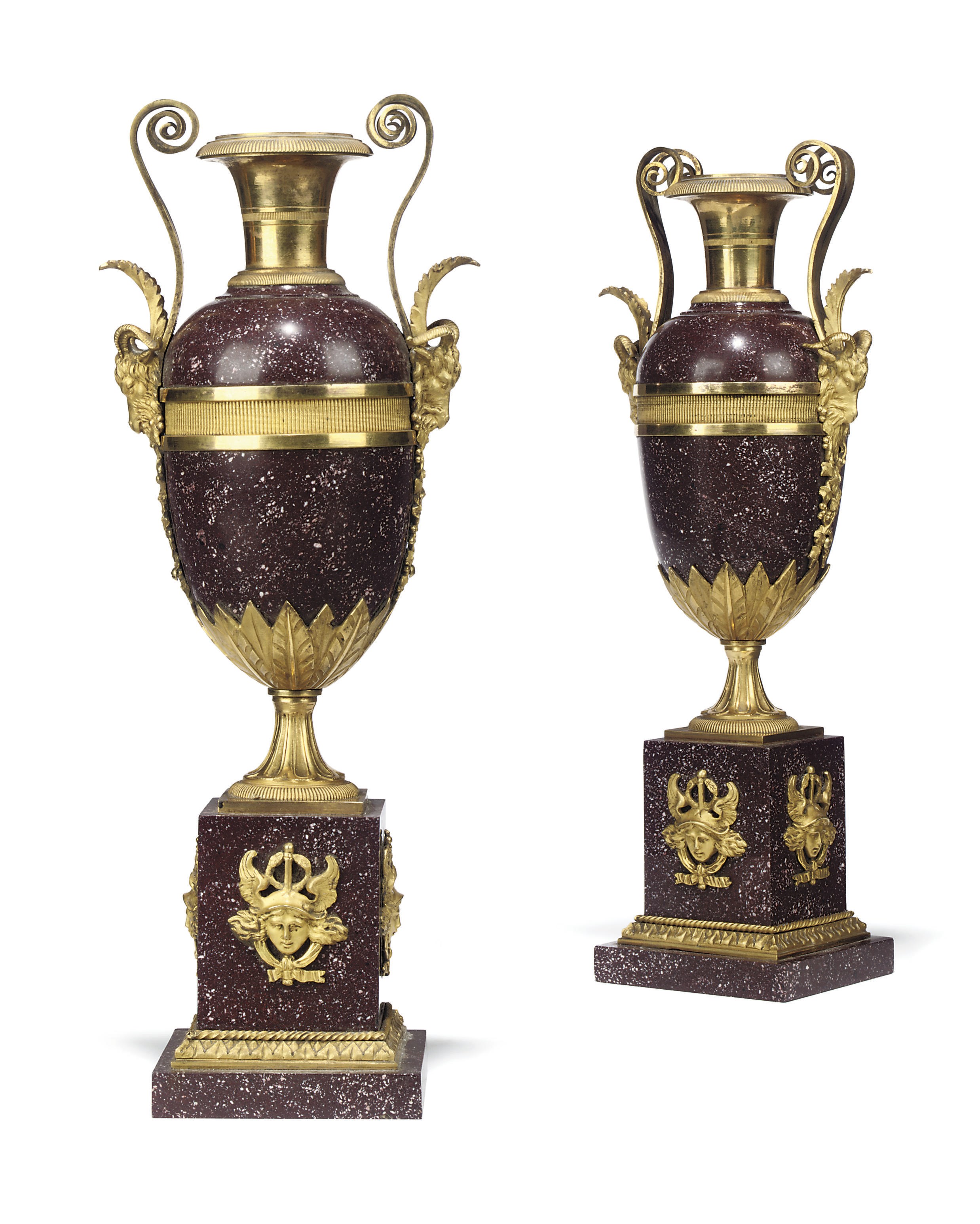 A PAIR OF LATE LOUIS XVI ORMOLU-MOUNTED PORPHYRY VASES