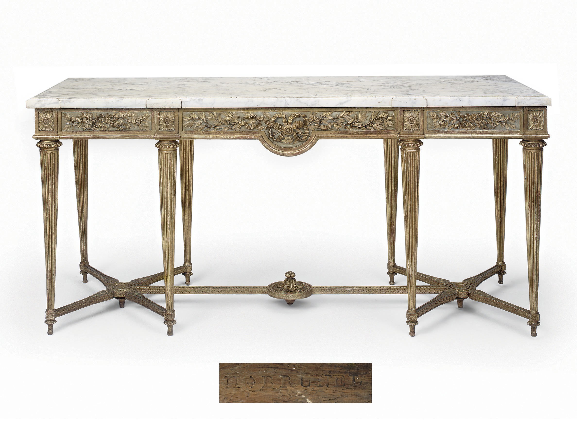 A LOUIS XVI GILTWOOD AND GREY-PAINTED CONSOLE TABLE