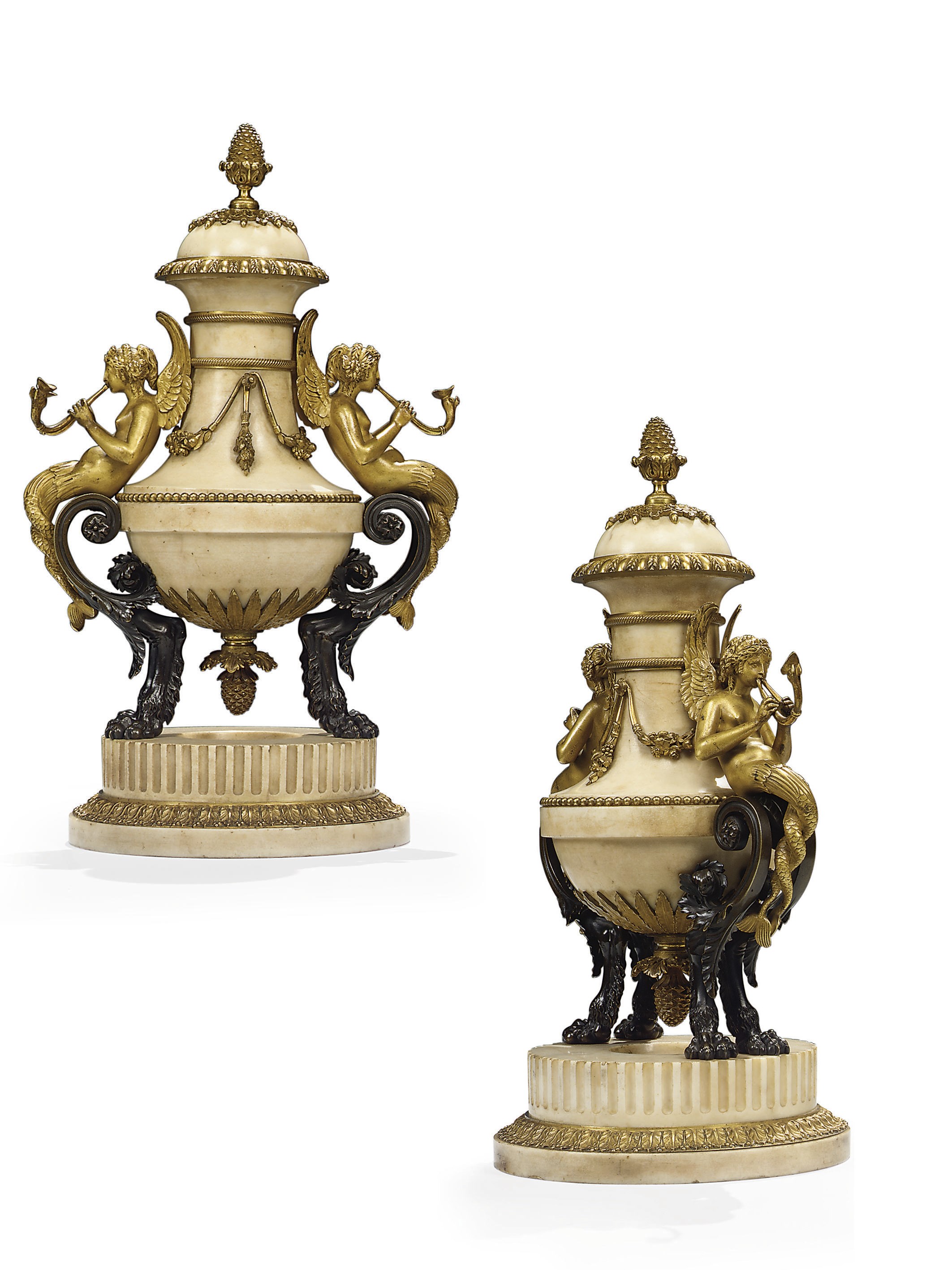 A PAIR OF LOUIS XVI ORMOLU-MOUNTED, PATINATED BRONZE AND WHITE MARBLE CASSOLETTES