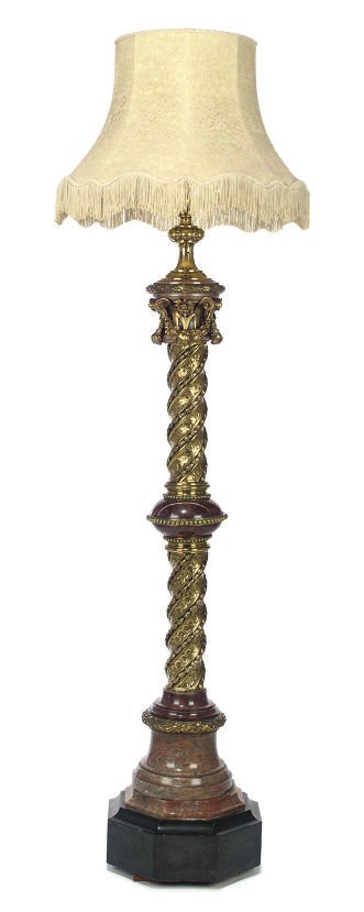A FRENCH ROUGE MARBLE AND GILT BRASS STANDARD LAMP