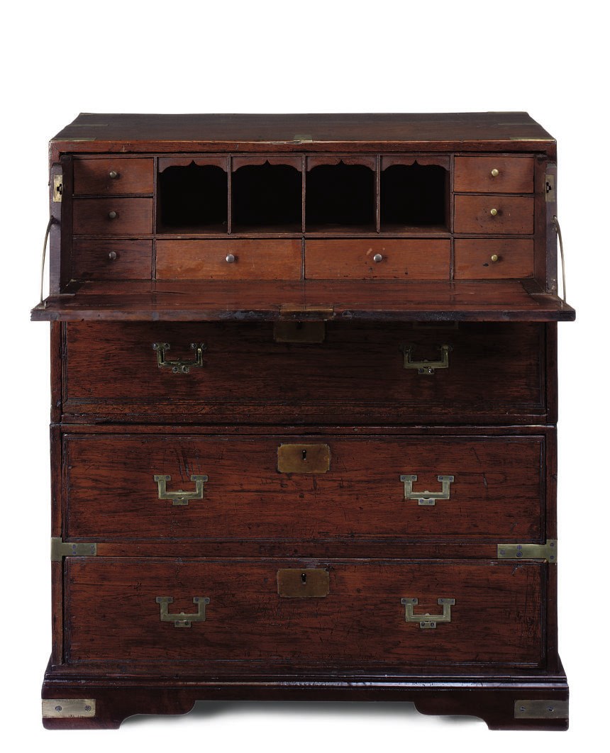 A TEAK CAMPAIGN SECRETAIRE CHEST