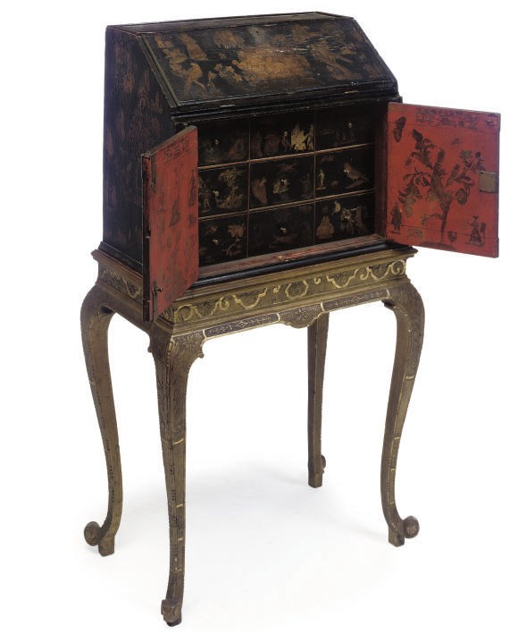 AN ITALIAN LACCA-POVERA BUREAU ON LATER GILTWOOD STAND