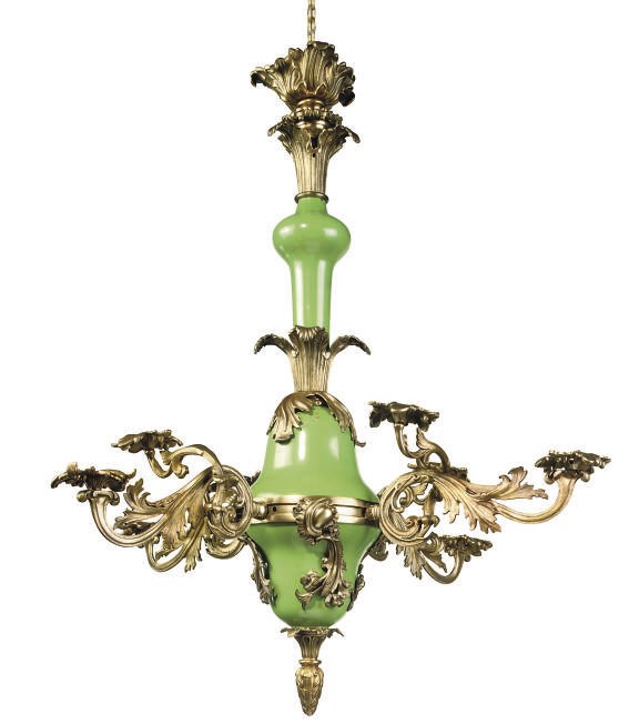 A VICTORIAN GREEN-GLAZED POTTERY AND GILT-BRASS CHANDELIER