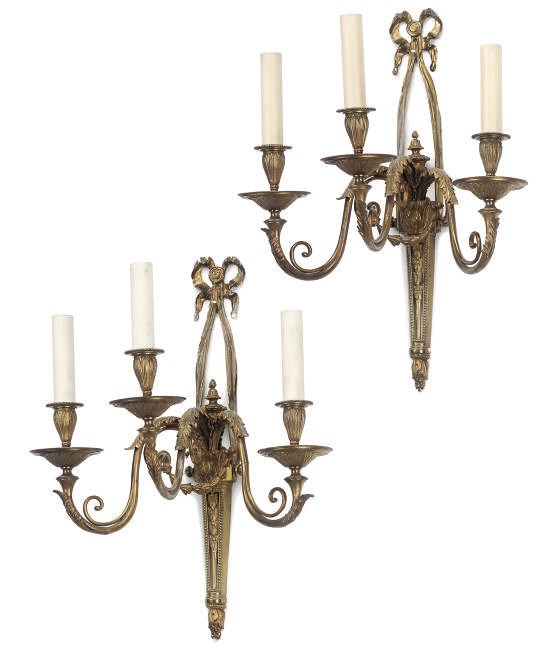 A PAIR OF GILT-BRASS THREE-LIGHT WALL APPLIQUES