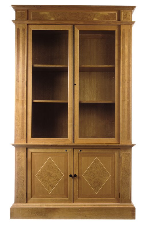 AN ENGLISH OAK, BURR OAK AND SYCAMORE LINE-INLAID BOOKCASE