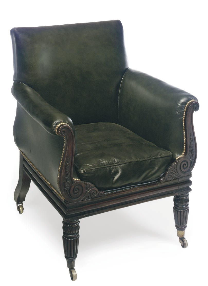 A WILLIAM IV LEATHER UPHOLSTERED AND STAINED BERGERE