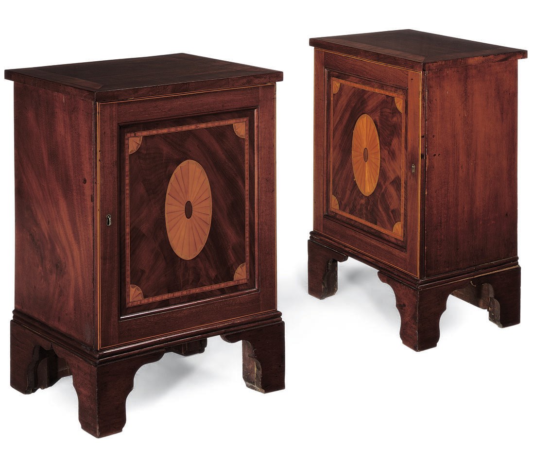 A PAIR OF MAHOGANY INLAID AND CROSSBANDED BEDSIDE CABINETS