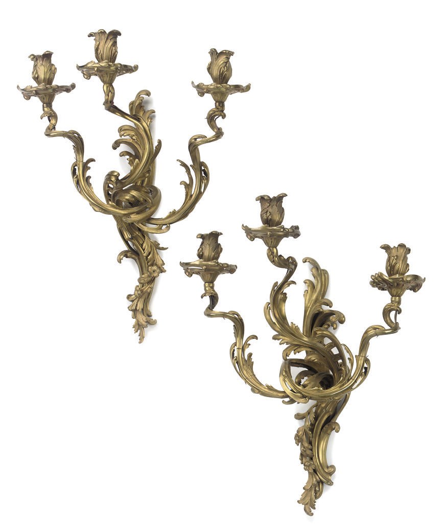 A PAIR OF GILT BRONZE THREE-LIGHT WALL APPLIQUES
