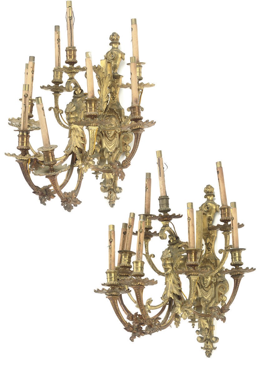 A SET OF FIVE FRENCH GILT-BRASS NINE-LIGHT WALL APPLIQUES