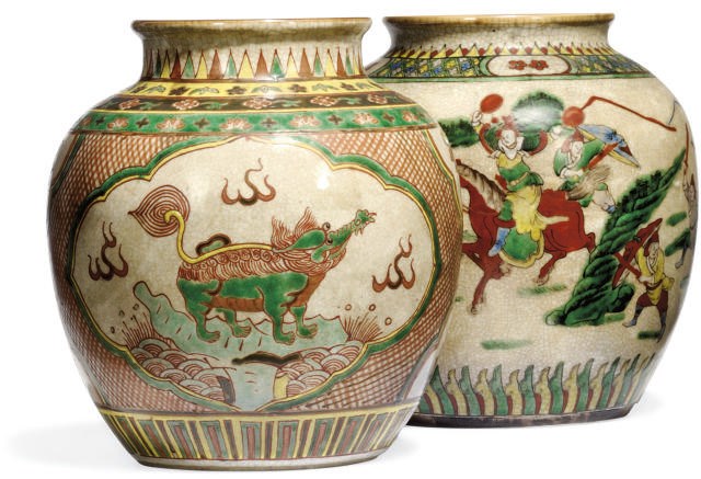 TWO CHINESE FAMILLE VERTE CRACKLE-GLAZED JARS