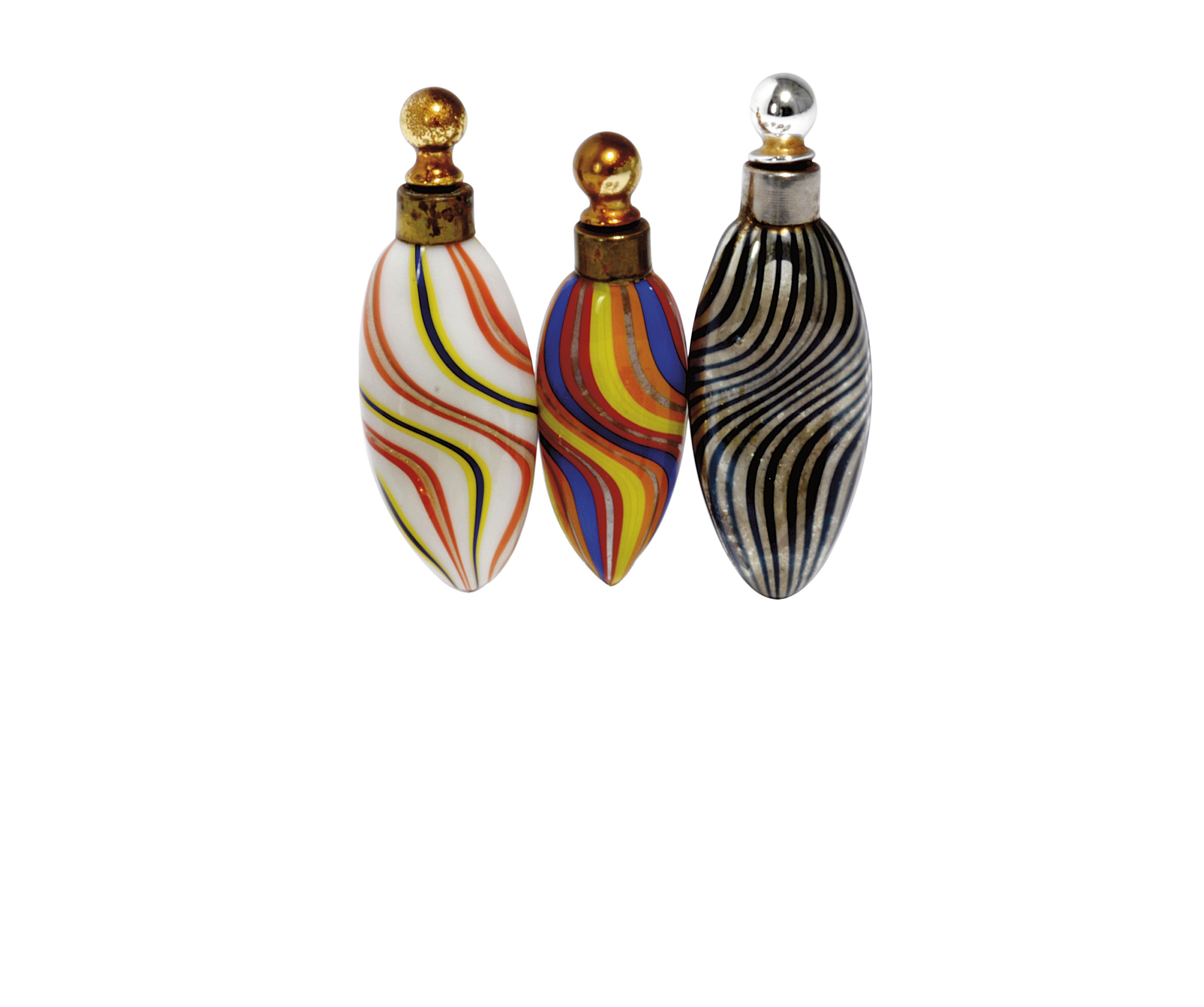 SEVEN POLYCHROME OPAQUE GLASS SCENT BOTTLES