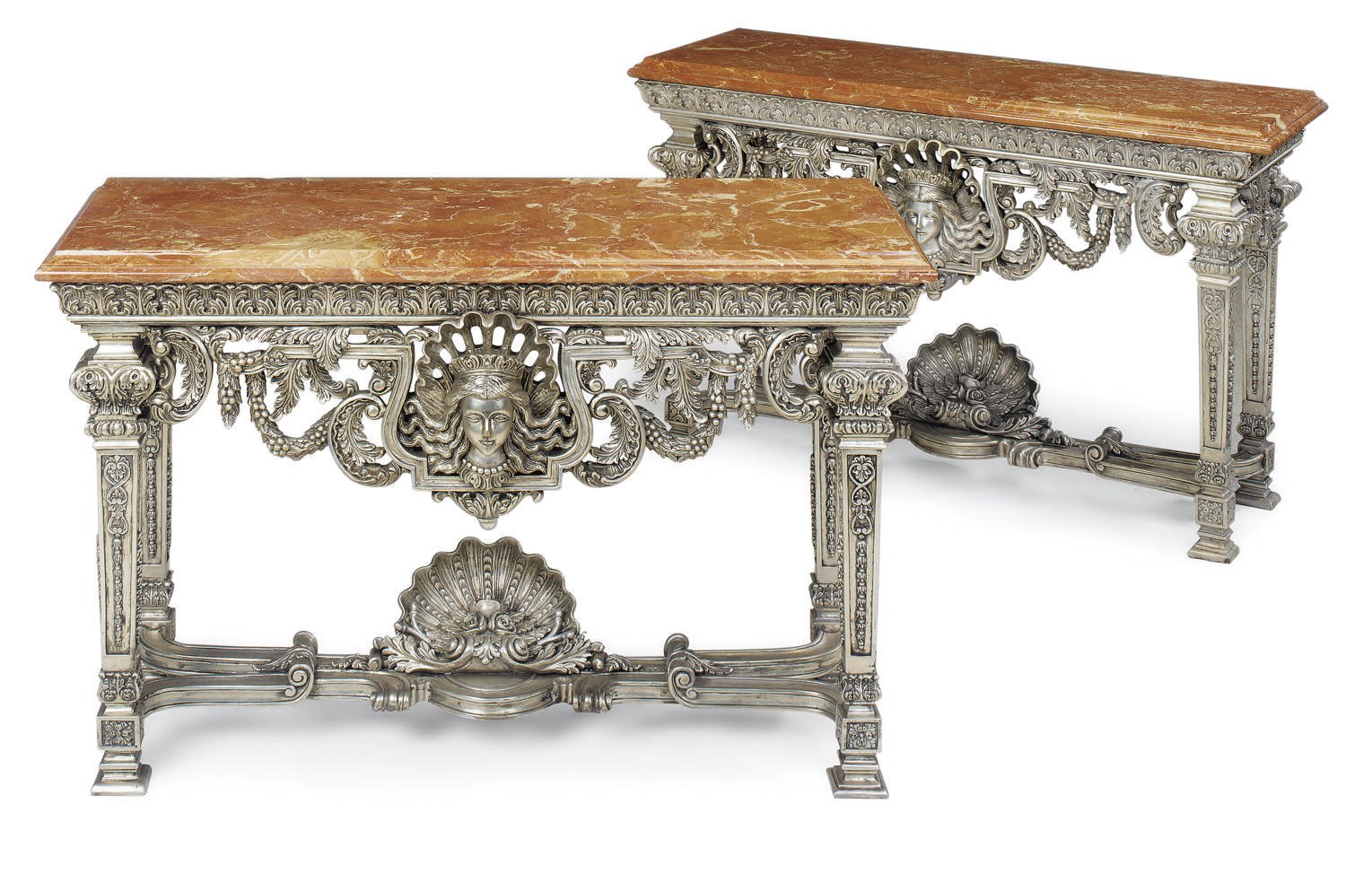 A PAIR OF RED MARBLE MOUNTED SILVERED CONSOLE TABLES
