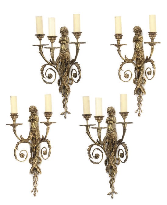 A PAIR OF GILT-BRONZE THREE-LIGHT WALL APPLIQUES