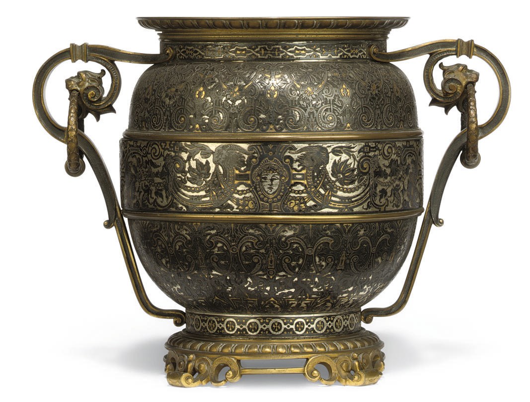 A FRENCH BRONZE AND ETCHED METAL URN