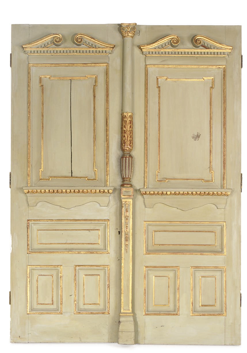 A PAIR OF PARCEL-GILT GREEN PAINTED DOORS