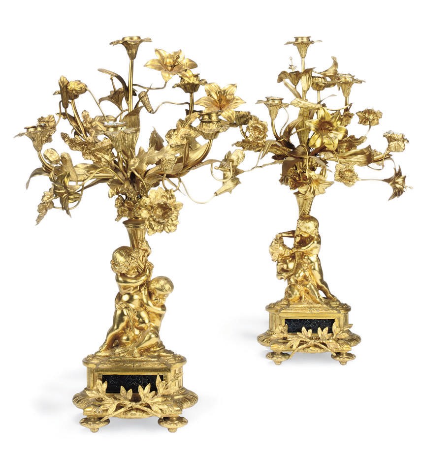 A PAIR OF FRENCH GILT-BRONZE SIX-LIGHT CANDELABRA