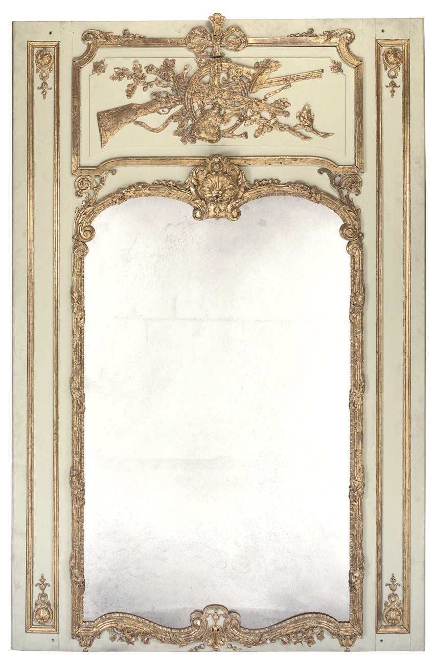 A PARCEL-GILT AND GREY PAINTED OVERMANTEL MIRROR