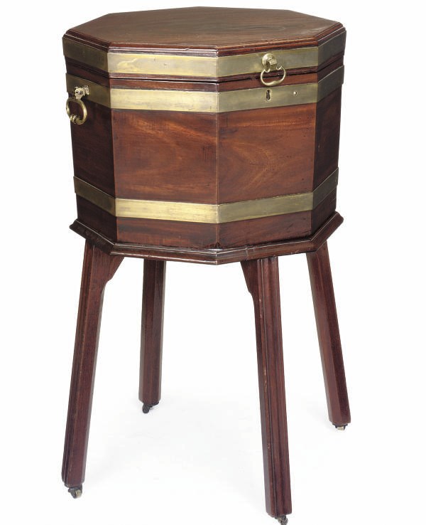 A GEORGE III MAHOGANY BRASS-BOUND OCTAGONAL WINE COOLER