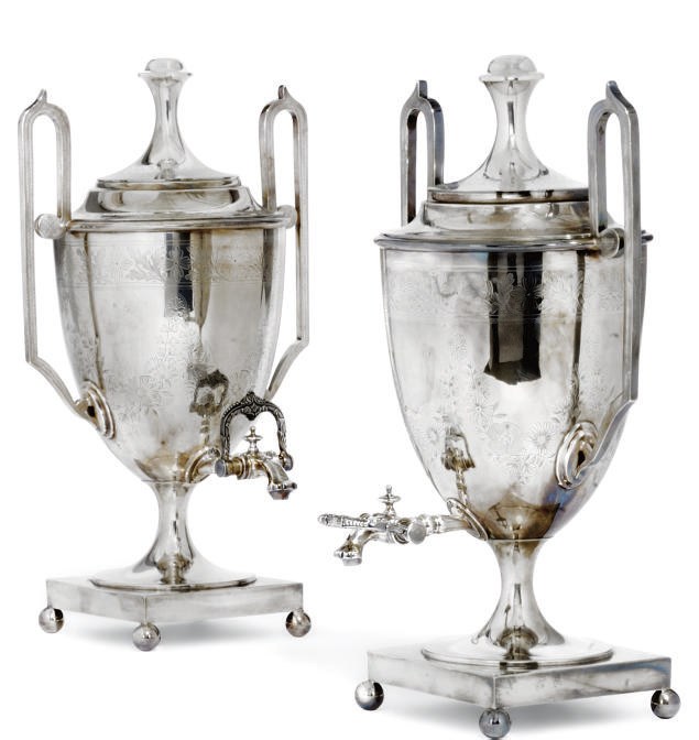 A PAIR OF VICTORIAN ELECTROPLATED TEA URNS IN THE GEORGE III STYLE