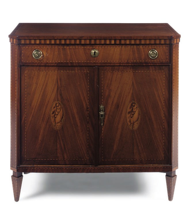 A DUTCH MAHOGANY CHEQUER INLAID COMMODE