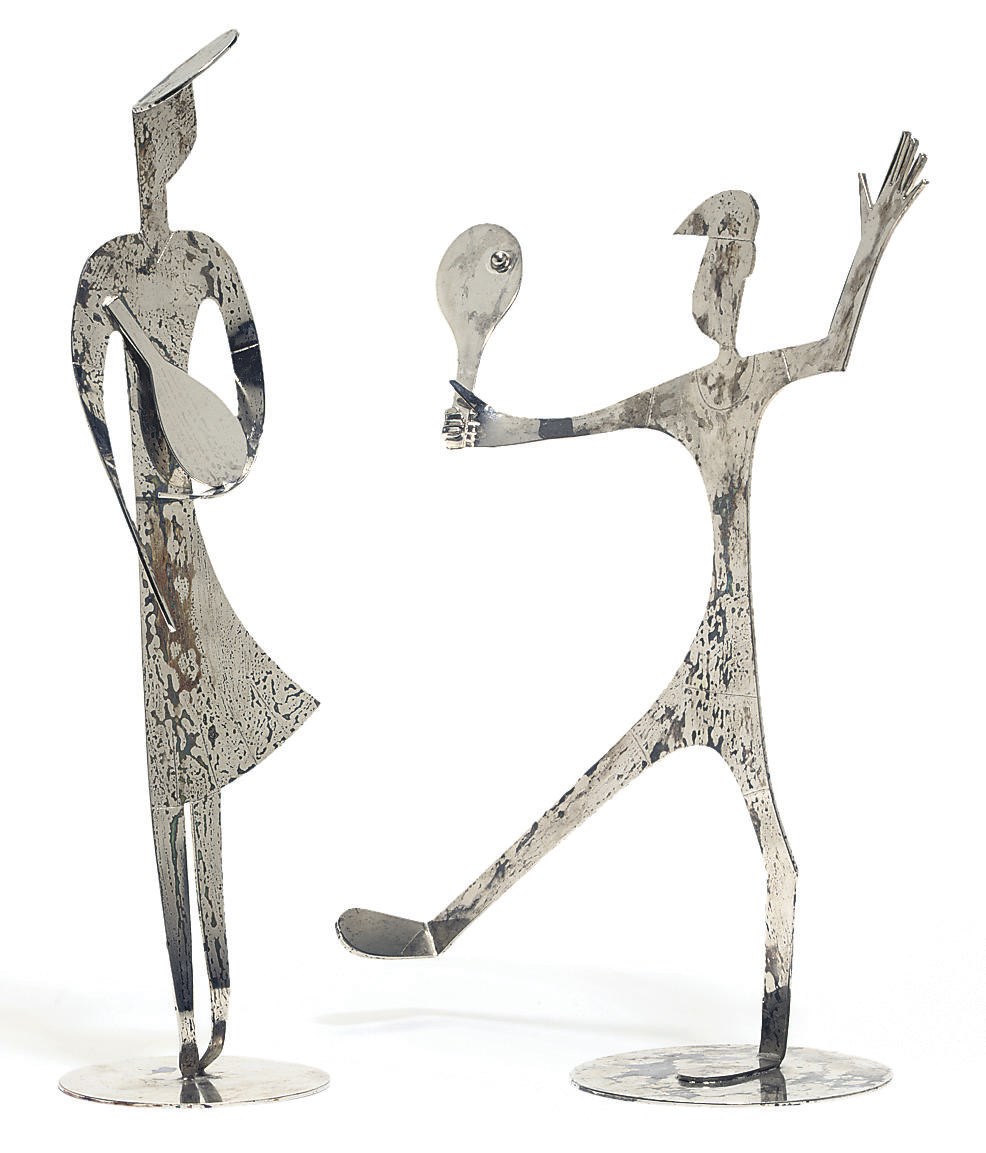 TWO HAGENAUER SILVERED METAL TENNIS PLAYERS