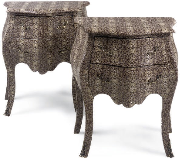 A PAIR OF SIMULATED SNAKE SKIN UPHOLSTERED BOMBE COMMODES