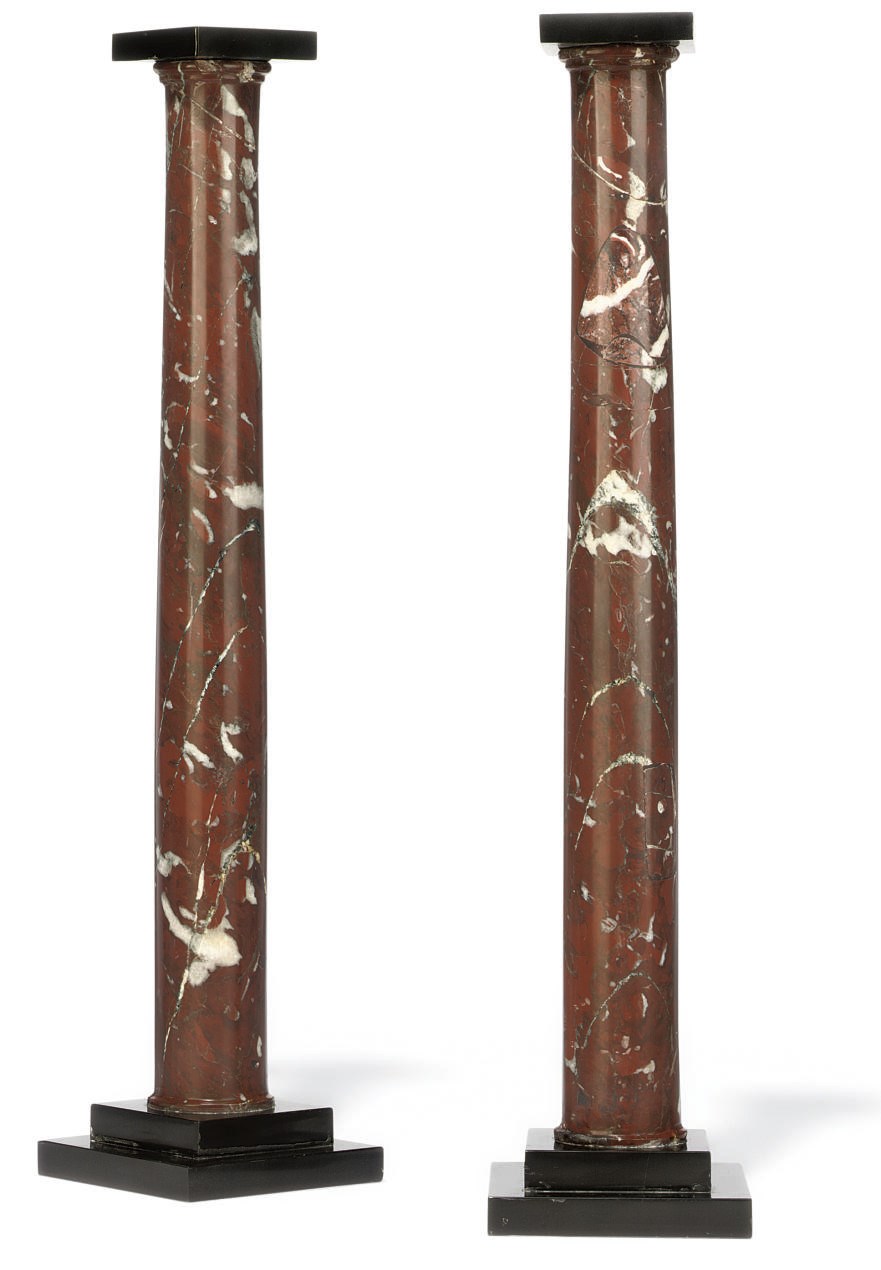 A PAIR OF FRENCH ROUGE MARBLE TABLE COLUMNS