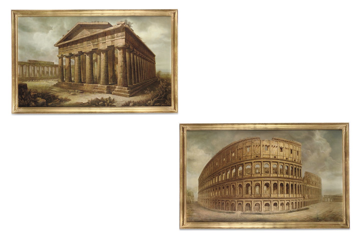 TWO LARGE MODERN OIL PAINTINGS OF CLASSICAL RUINS