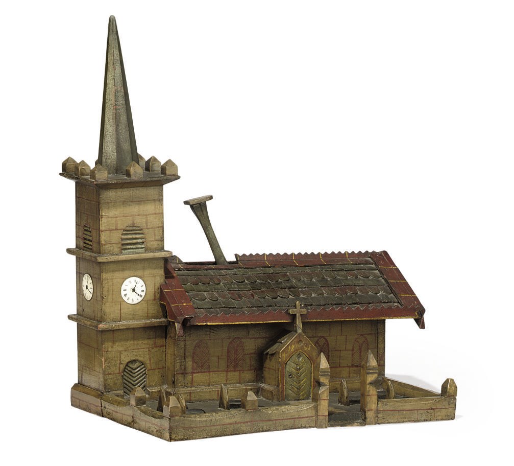 A VICTORIAN CARVED AND PAINTED-WOOD NOVELTY MONEY BOX IN THE FORM OF A CHURCH