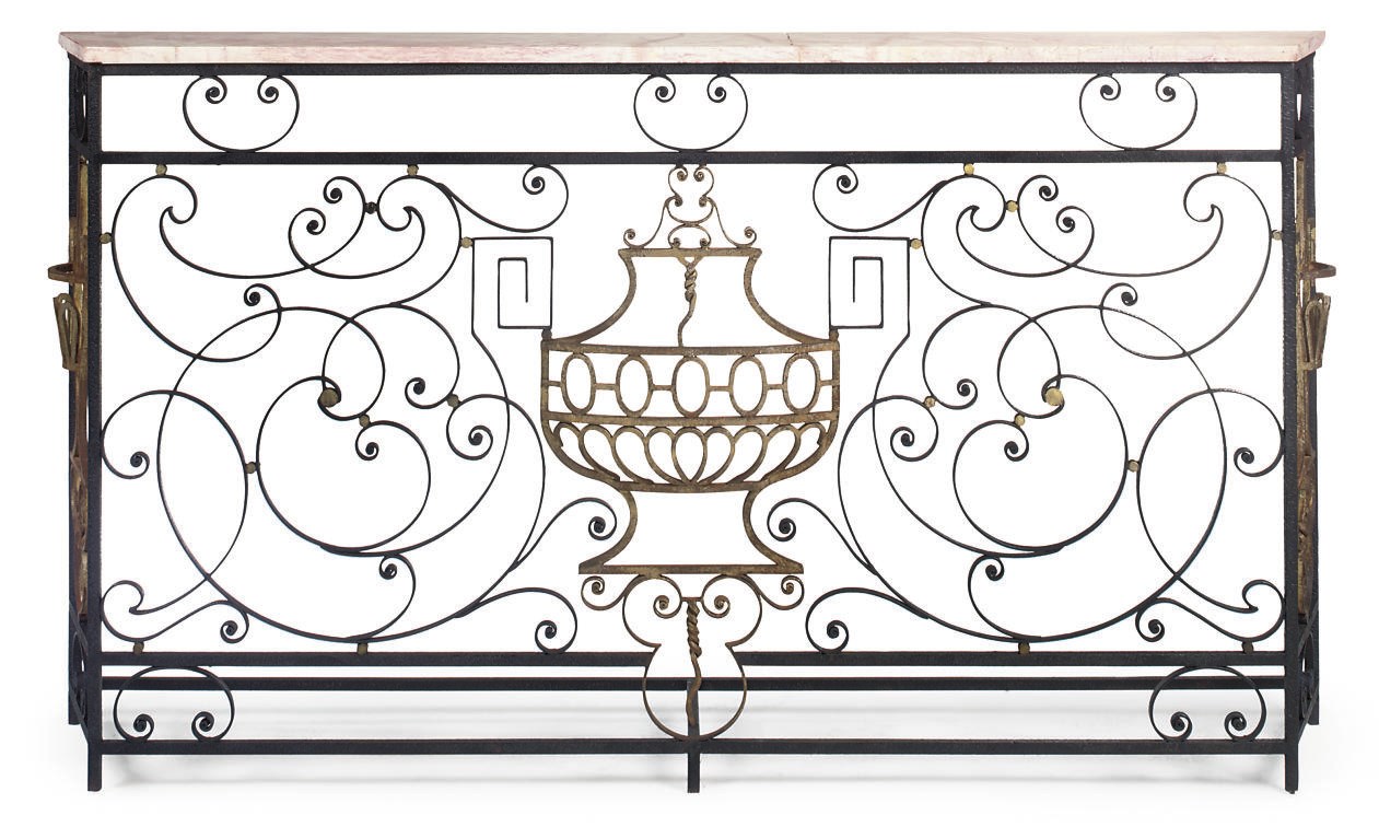 A FRENCH BLACK PAINTED AND GILT DECORATED WROUGHT IRON CONSOLE