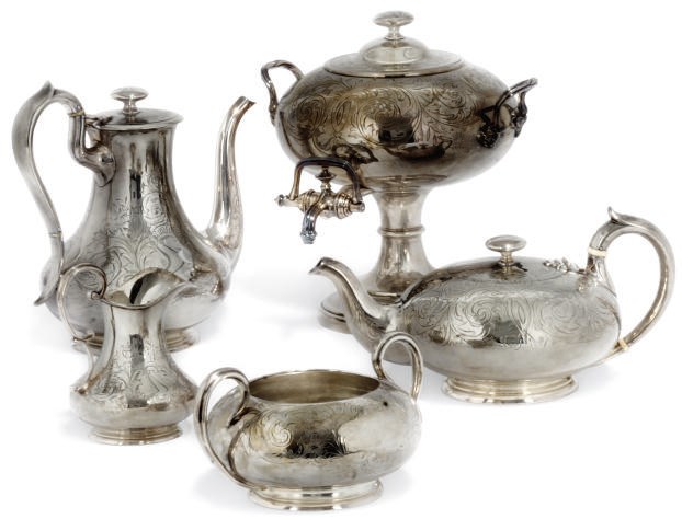 A VICTORIAN ELECTROPLATED MATCHED FIVE-PIECE TEA/COFFEE SERVICE