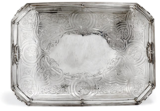A VICTORIAN ELECTROPLATED TWO-HANDLED GALLERY TRAY