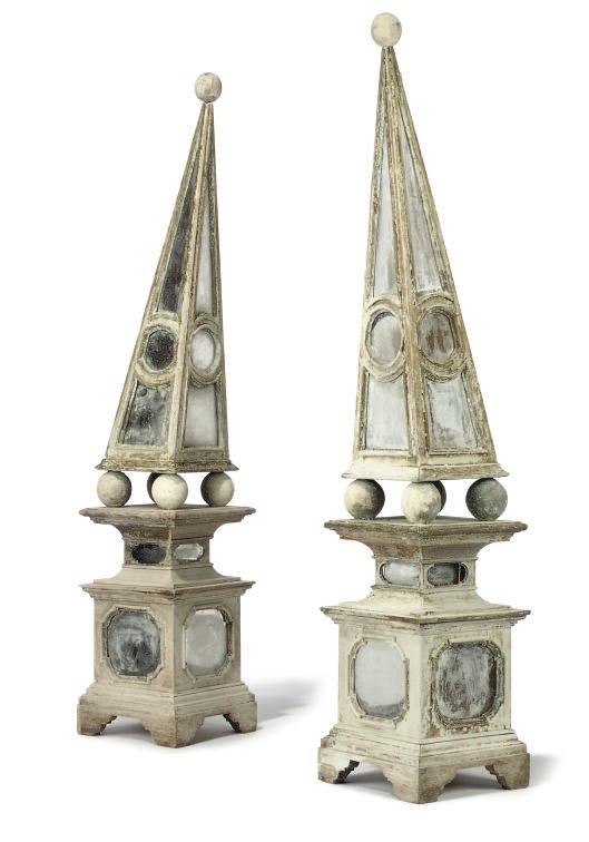 A PAIR OF PAINTED WOOD GARDEN OBELISKS
