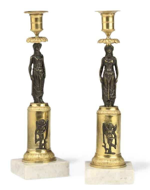 A PAIR OF SWEDISH BRONZE, GILT-BRONZE AND MARBLE CANDLESTICKS