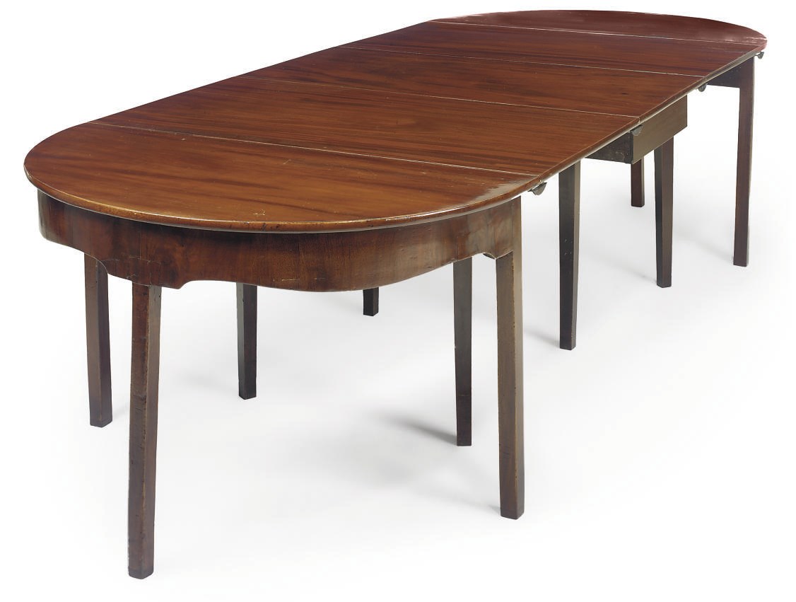 A MAHOGANY TRIPLE SECTION D-END DINING TABLE