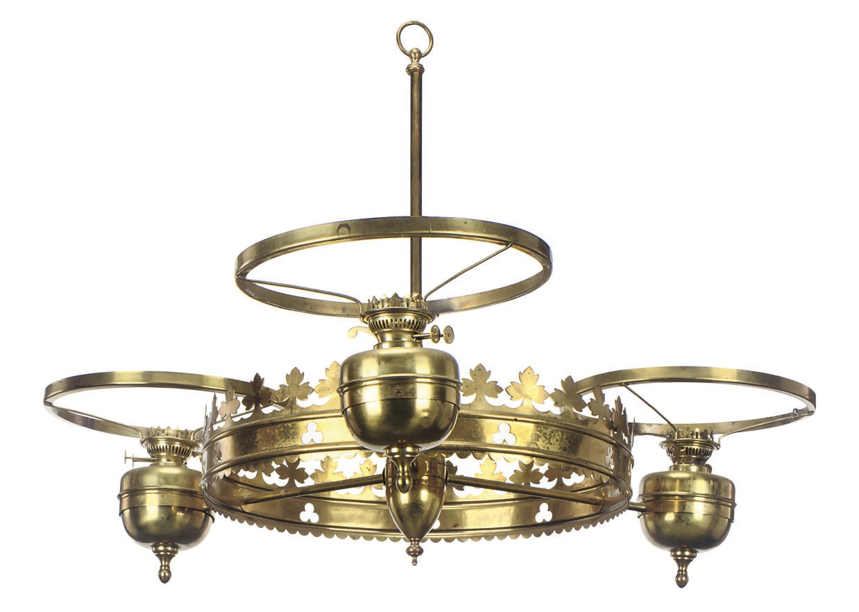 A PAIR OF LATE VICTORIAN BRASS BILLIARD TABLE LIGHTS