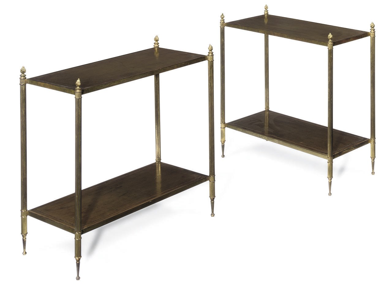 A PAIR OF GILT-BRASS MOUNTED TWO TIER OCCASIONAL TABLES