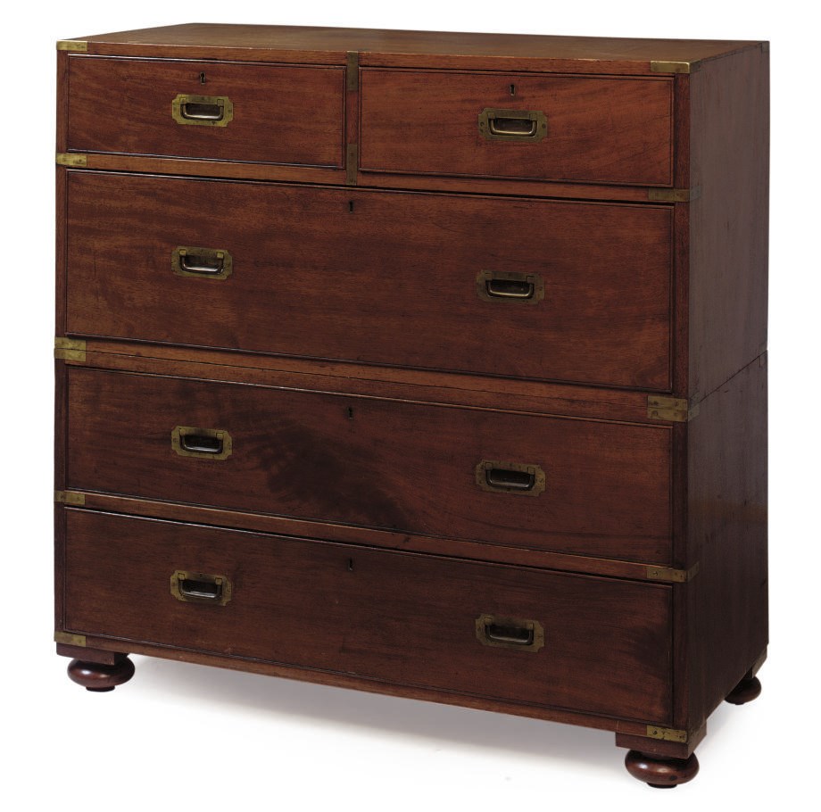A MID VICTORIAN MAHOGANY AND BRASS BOUND CAMPAIGN CHEST