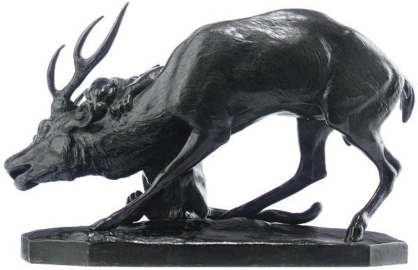 A FRENCH BRONZE GROUP OF A PANTHER AND A STAG