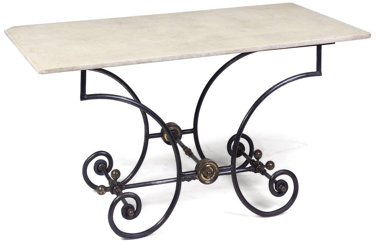 A FRENCH WHITE MARBLE MOUNTED CAST-IRON AND BRASS BAKER'S TABLE