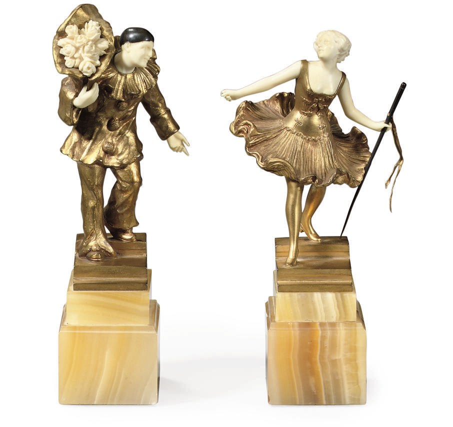 PIERROT & COLOMBINE, A PAIR OF VICTOR GILT-BRONZE AND IVORY FIGURES