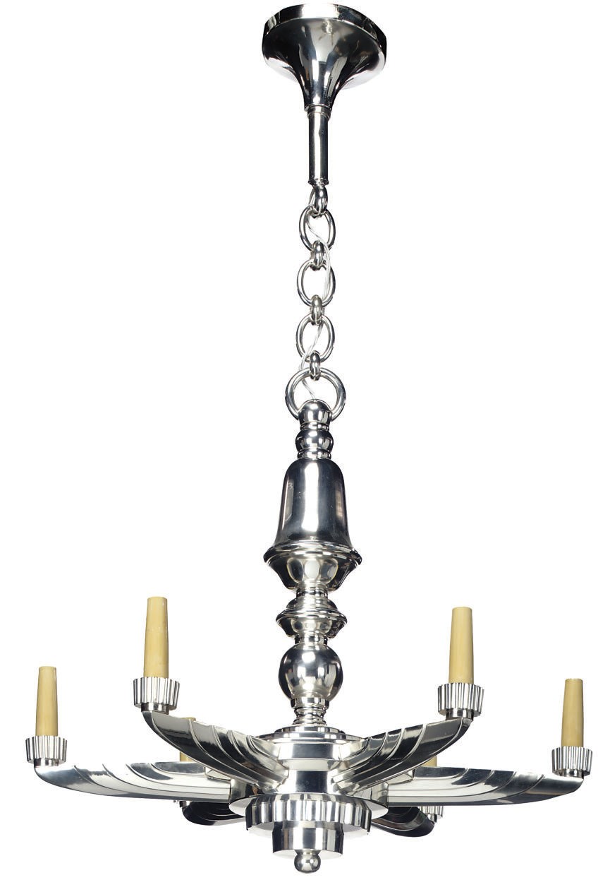 A SILVERED METAL SIX-LIGHT CHANDELIER