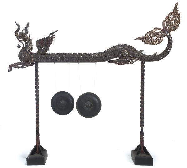 A SOUTH EAST ASIAN PAINTED DRAGON GONG STAND