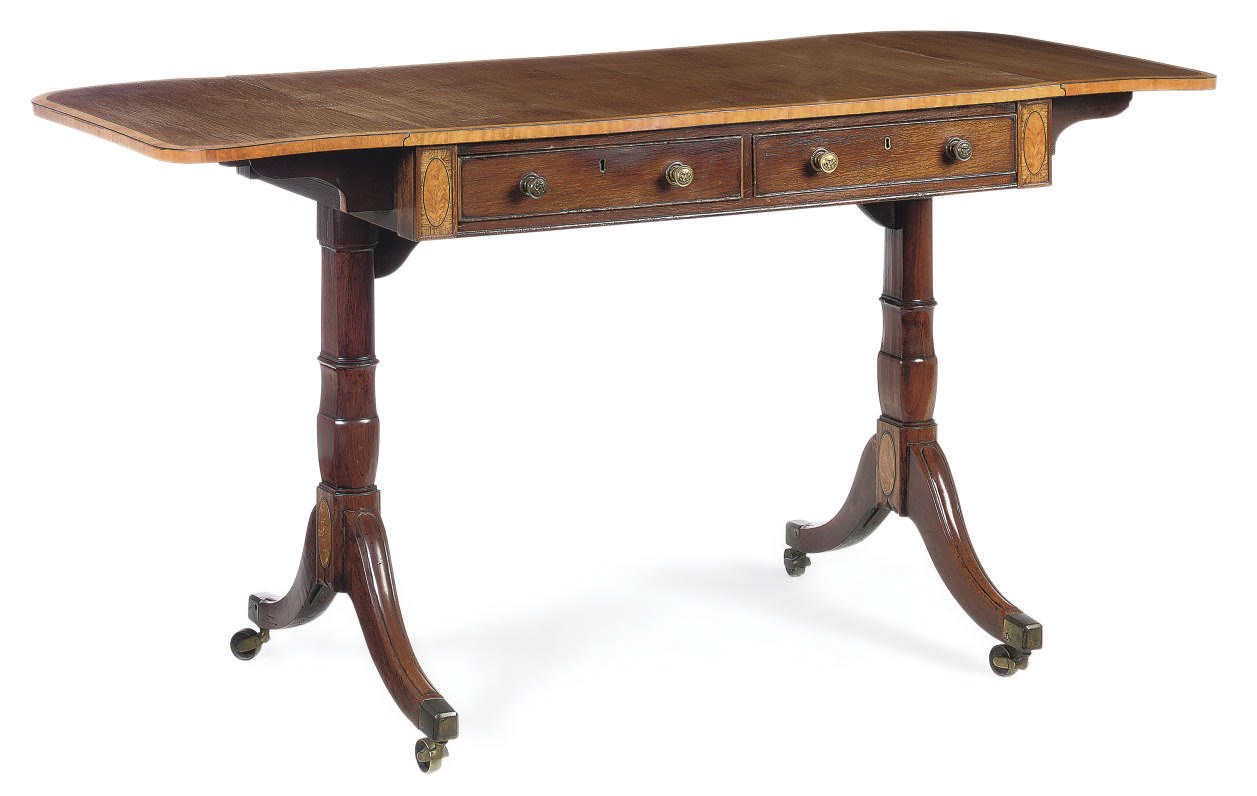 A REGENCY PADOUK CASUARINA OAK AND SATINWOOD CROSSBANDED SOFA TABLE